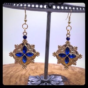 Blue and gold rhinestone dangle earrings‎